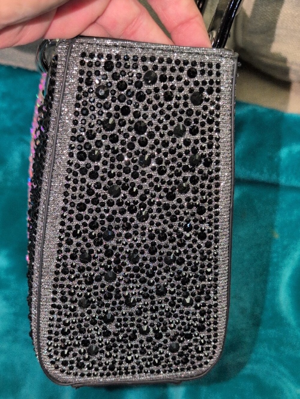Crystal-Embellished Black Patent Mini Tote  With Crossbody Strap - Picture 6 of 16